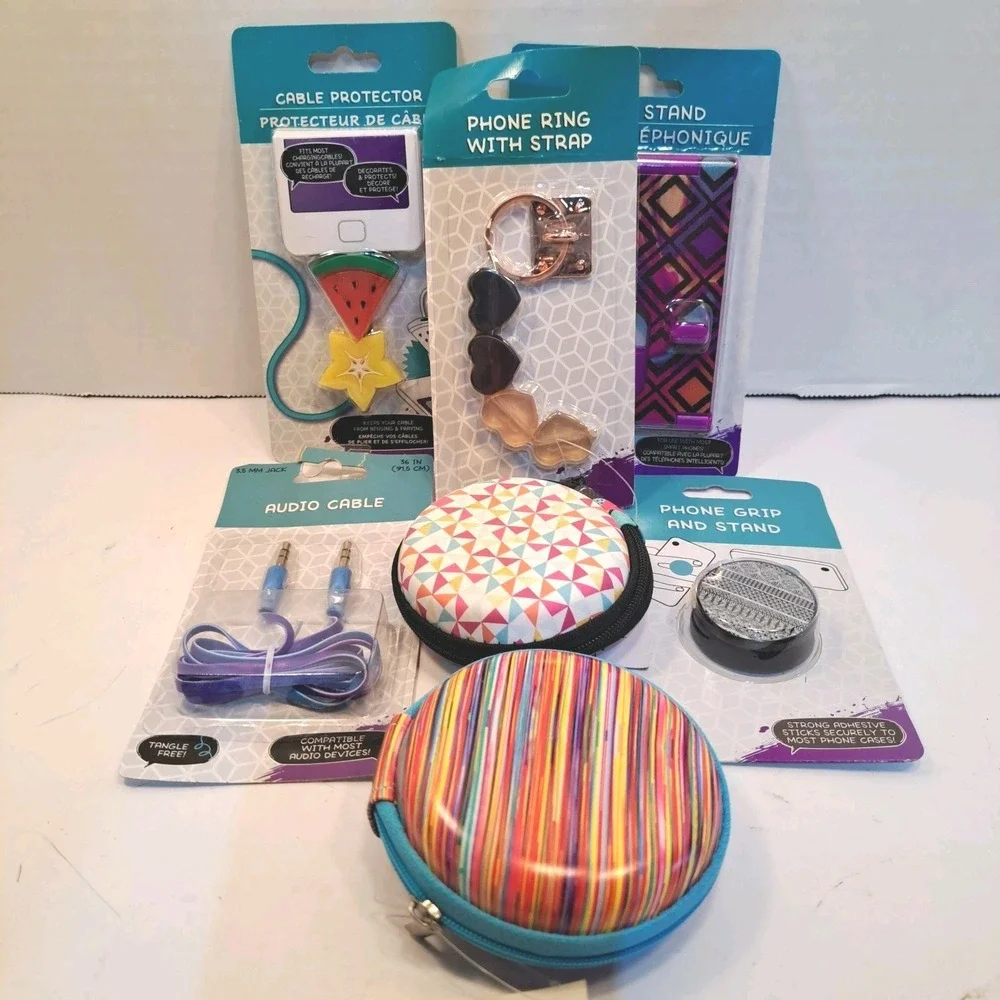 Cell Phone Accessories Yard Sale Leftovers, Stand, Grip, Audio Cable, Pouches x2